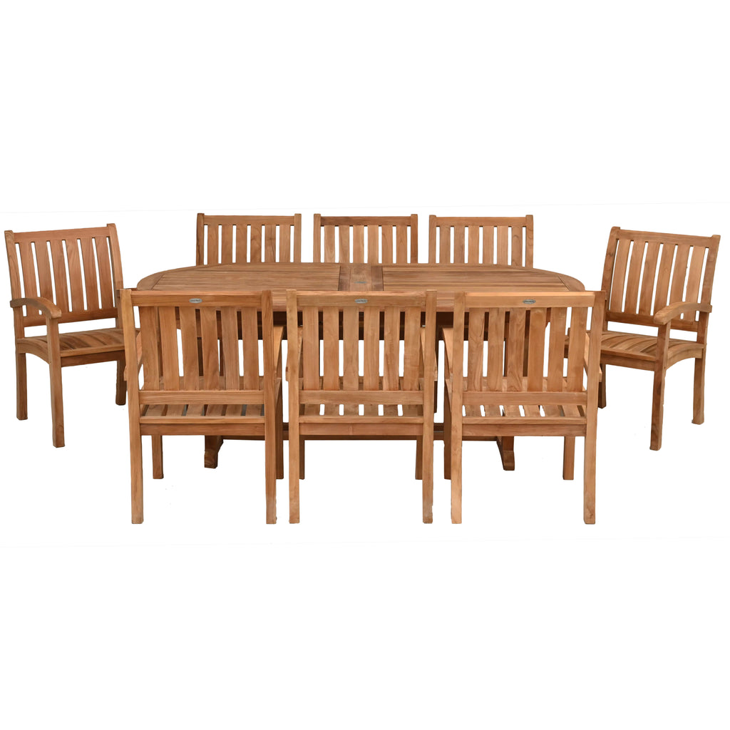 9 Piece Teak Wood Dining Set including Oval Extension Table with 8 Aba ...