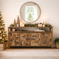 Recycled Teak Wood Mozaik Media Center / Buffet with 4 Wooden Doors - La Place USA Furniture Outlet