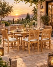 7 Piece Teak Wood Castle Patio Dining Set with Round to Oval Extension Table, 4 Side Chairs and 2 Arm Chairs