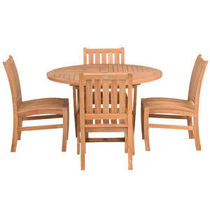 5 Piece Teak Wood Dining Set with 47" Round Java Table and 4 Abaco Side Chairs