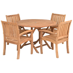 5 Piece Teak Wood Dining Set with 47" Round Java Table and 4 Abaco Arm Chairs