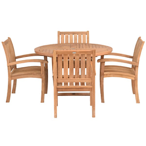 5 Piece Teak Wood Dining Set with 47" Round Java Table and 4 Abaco Arm Chairs