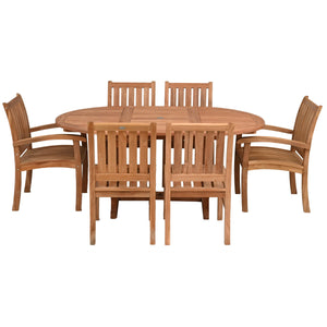 7 Piece Teak Wood Dining Set including Round to Oval Extension Table with 2 Abaco Arm and 4 Side Chairs