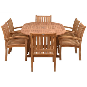 7 Piece Teak Wood Dining Set including Round to Oval Extension Table with 6 Abaco Arm Chairs