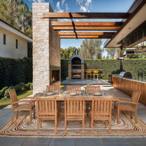 9 Piece Teak Wood Dining Set including Rectangular Extension Table with 2 Abaco Arm and 6 Side Chairs