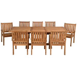 9 Piece Teak Wood Dining Set including Rectangular Extension Table with 8 Abaco Arm Chairs