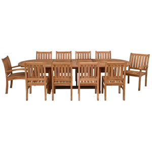 11 Piece Teak Wood Dining Set including Oval Double Extension Table with 2 Abaco Arm Chairs & 8 Side Chairs