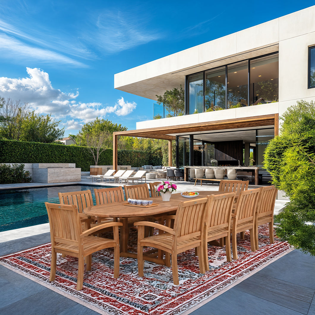 11 Piece Teak Wood Dining Set including Oval Double Extension Table with 10 Abaco Arm Chairs