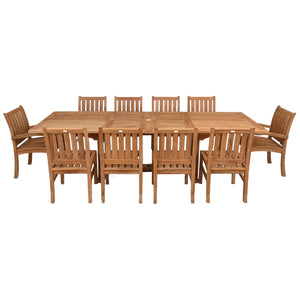 11 Piece Teak Wood Dining Set including Rectangular Double Extension Table with 2 Abaco Arm Chairs & 8 Side Chairs