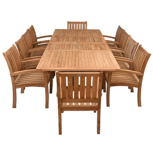 11 Piece Teak Wood Dining Set including Rectangular Double Extension Table with 10 Abaco Arm Chairs