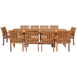 11 Piece Teak Wood Dining Set including Rectangular Double Extension Table with 10 Abaco Arm Chairs