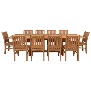 11 Piece Teak Wood Dining Set including Rectangular Double Extension Table with 10 Abaco Side Chairs