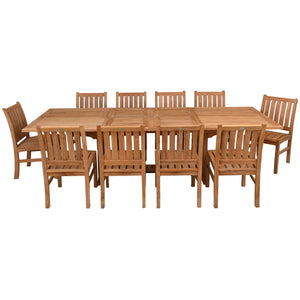 11 Piece Teak Wood Dining Set including Rectangular Double Extension Table with 10 Abaco Side Chairs