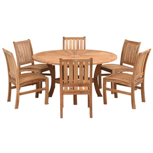 7 Piece Teak Wood Dining Set including 59" Round Sun Table with 6 Abaco Side Chairs