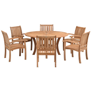 7 Piece Teak Wood Dining Set including 59" Round Sun Table with 6 Abaco Arm Chairs