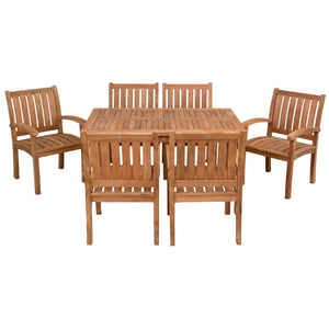 7 Piece Teak Wood Bistro Dining Set including 63" Rectangular Table with 6 Abaco Arm Chairs