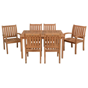 7 Piece Teak Wood Bistro Dining Set including 63" Rectangular Table with 2 Abaco Arm Chairs & 4 Side Chairs