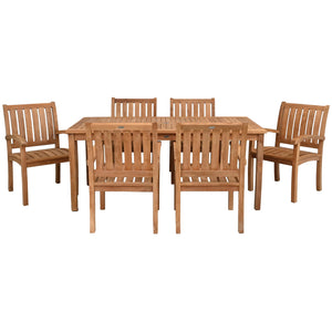 7 Piece Teak Wood Bistro Dining Set including 71" Rectangular Table with 6 Abaco Arm Chairs