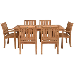 7 Piece Teak Wood Bistro Dining Set including 71" Rectangular Table with 6 Abaco Arm Chairs