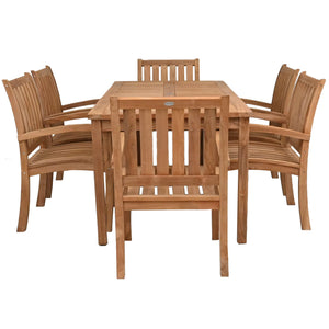 7 Piece Teak Wood Bistro Dining Set including 71" Rectangular Table with 6 Abaco Arm Chairs