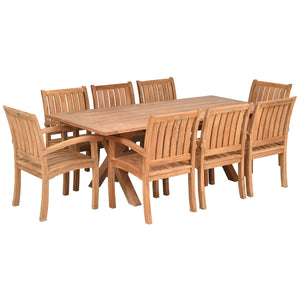 9 Piece Teak Wood Dining Set Including 87" Rectangular Cross Table with 8 Abaco Arm Chairs