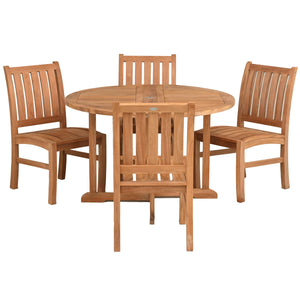 5 Piece Teak Wood Dining Set Including 48" Round Hatteras Table with 4 Abaco Side Chairs