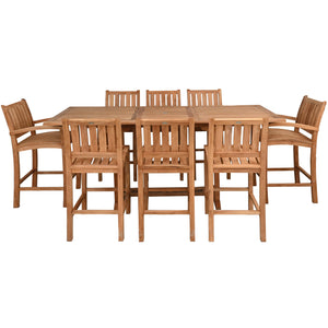 9 Piece Teak Wood Bar Set Including Rectangular Extension Bar Table, 2 Abaco Barstools with Arms & 6 Armless Barstools