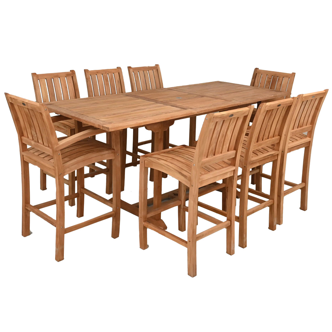 9 Piece Teak Wood Bar Set Including Rectangular Extension Bar Table, 2 Abaco Barstools with Arms & 6 Armless Barstools