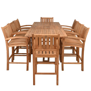 9 Piece Teak Wood Bar Set Including Rectangular Extension Bar Table and 8 Abaco Barstools with Arms