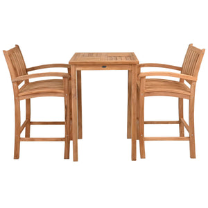 3 Piece Teak Wood Bar Set Including 27" Square Bistro Bar Table and 2 Abaco Barstools with Arms