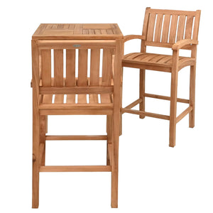 3 Piece Teak Wood Bar Set Including 27" Square Bistro Bar Table and 2 Abaco Barstools with Arms