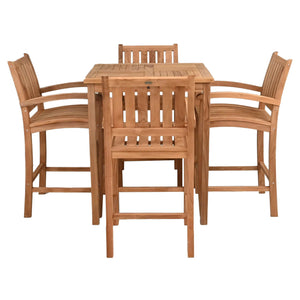 5 Piece Teak Wood Bar Set Including 35" Square Bistro Bar Table and 4 Abaco Barstools with Arms