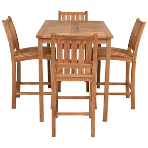 5 Piece Teak Wood Bistro Bar Set Including 55" Rectangular Table and 4 Abaco Barstools