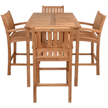 5 Piece Teak Wood Bistro Bar Set Including 55" Rectangular Table and 4 Abaco Barstools with Arms