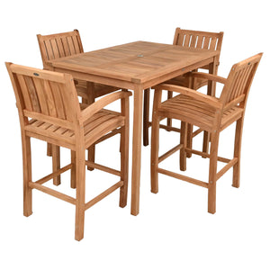 5 Piece Teak Wood Bistro Bar Set Including 55" Rectangular Table and 4 Abaco Barstools with Arms