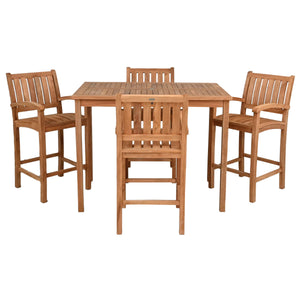 5 Piece Teak Wood Bistro Bar Set Including 55" Rectangular Table and 4 Abaco Barstools with Arms