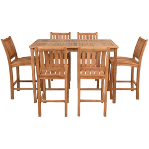 7 Piece Teak Wood Bistro Bar Set Including 63" Rectangular Table and 6 Abaco Barstools