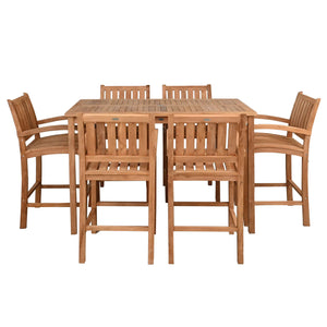 7 Piece Teak Wood Bistro Bar Set Including 63" Rectangular Table and 6 Abaco Barstools with Arms