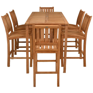 7 Piece Teak Wood Bistro Bar Set Including 71" Rectangular Table and 6 Abaco Barstools