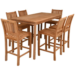 7 Piece Teak Wood Bistro Bar Set Including 71" Rectangular Table and 6 Abaco Barstools