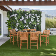 7 Piece Teak Wood Bistro Bar Set Including 71" Rectangular Table and 6 Abaco Barstools with Arms