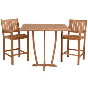 3 Piece Teak Wood Bistro Bar Set Including 35" Square Miami Table and 2 Abaco Barstools with Arms