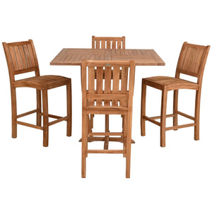 5 Piece Teak Wood Bistro Bar Set Including 35" Square Miami Table and 4 Abaco Barstools