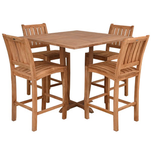 5 Piece Teak Wood Bistro Bar Set Including 35" Square Miami Table and 4 Abaco Barstools