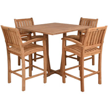 5 Piece Teak Wood Bistro Bar Set Including 35" Square Miami Table and 4 Abaco Barstools with Arms