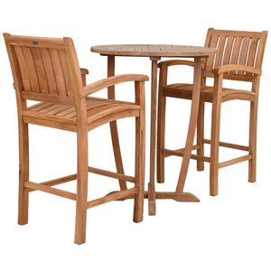 3 Piece Teak Wood Bistro Bar Set Including 35" Round Miami Table and 2 Abaco Barstools with Arms