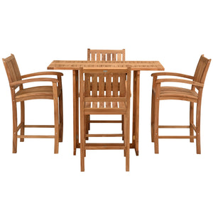 5 Piece Teak Wood Bistro Bar Set Including 55" Rectangular Hatteras Folding Table and 4 Abaco Barstools with Arms