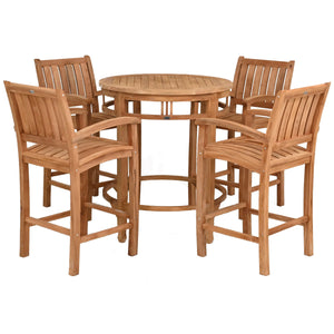 5 Piece Teak Wood Bistro Bar Set Including 38" Round Orleans Bar Table and 4 Abaco Barstools with Arms