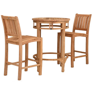 3 Piece Teak Wood Bistro Bar Set Including 32" Round Orleans Bar Table and 2 Abaco Barstools