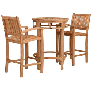 3 Piece Teak Wood Bistro Bar Set Including 32" Round Orleans Bar Table and 2 Abaco Barstools with Arms